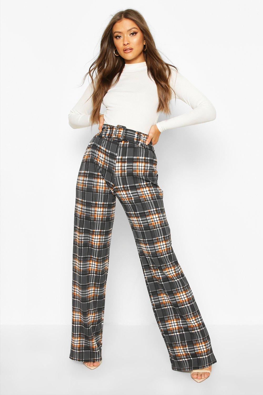 

Checked Belted Wide Leg Trouser, Grey