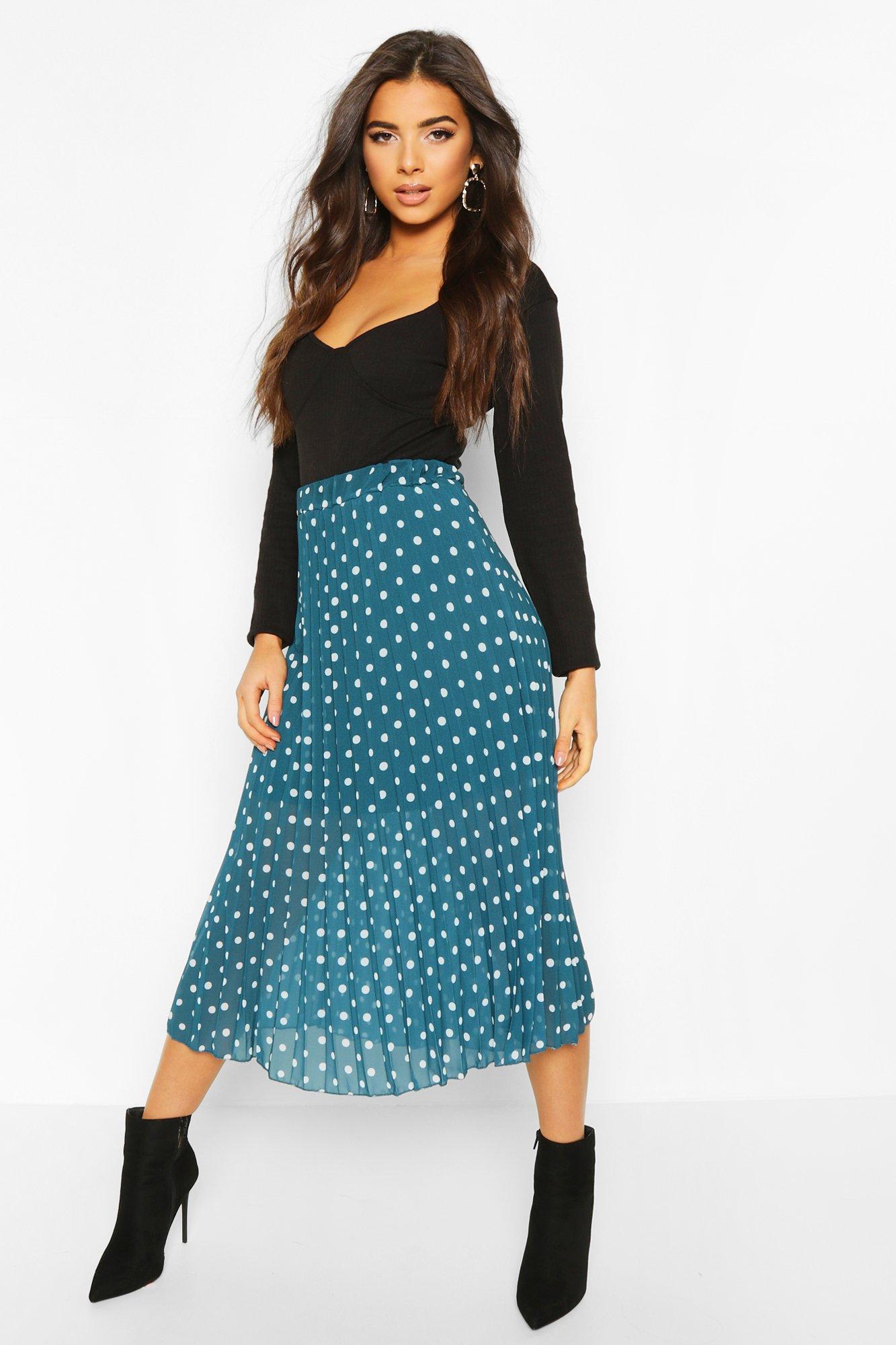 

Polka Dot Pleated Midi Skirt, Teal