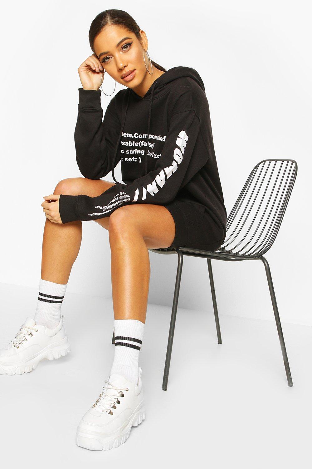 

Woman Sleeve Print Graphic Hoodie Dress, Black