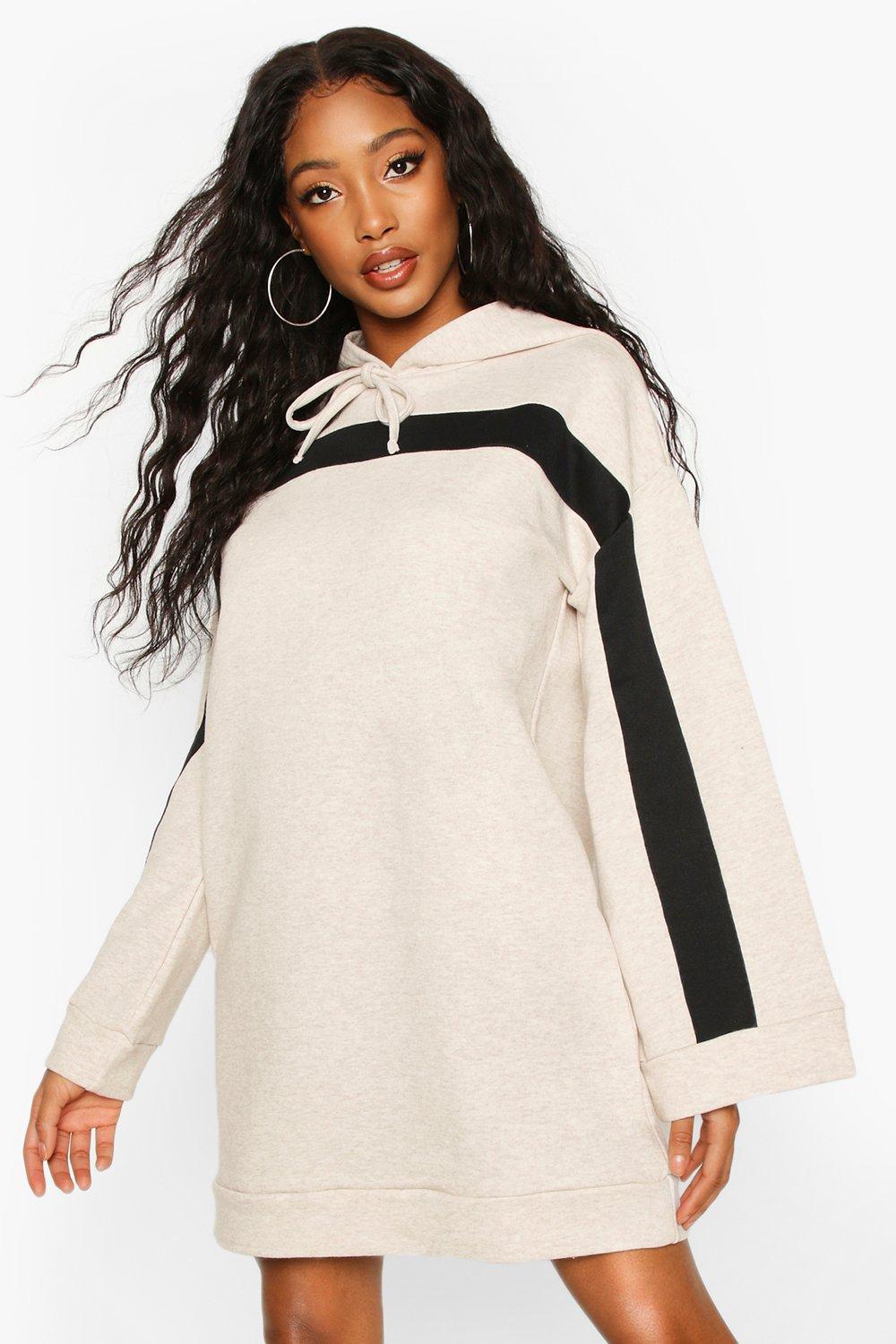 

Contrast Stripe Hooded Flare Sleeve Sweatshirt Dress, Oatmeal