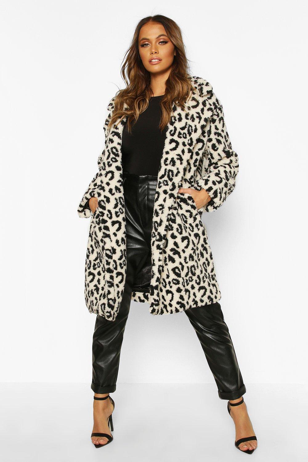 

Leopard Printed Teddy Faux Fur Coat, Stone