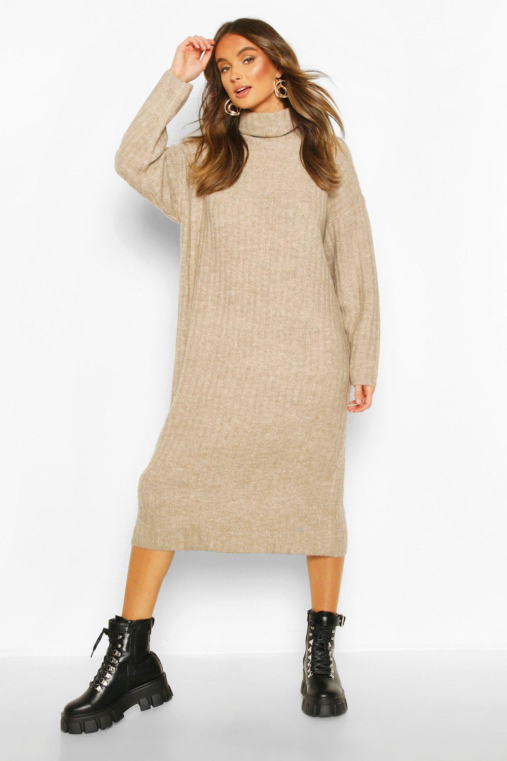 

Roll Neck Rib Knitted Dress, Mink