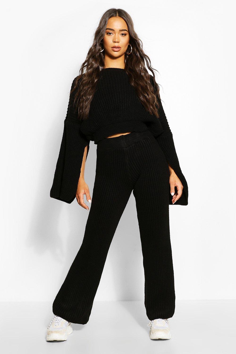 

Chunky Rib Knit Wide Leg Lounge Set, Black