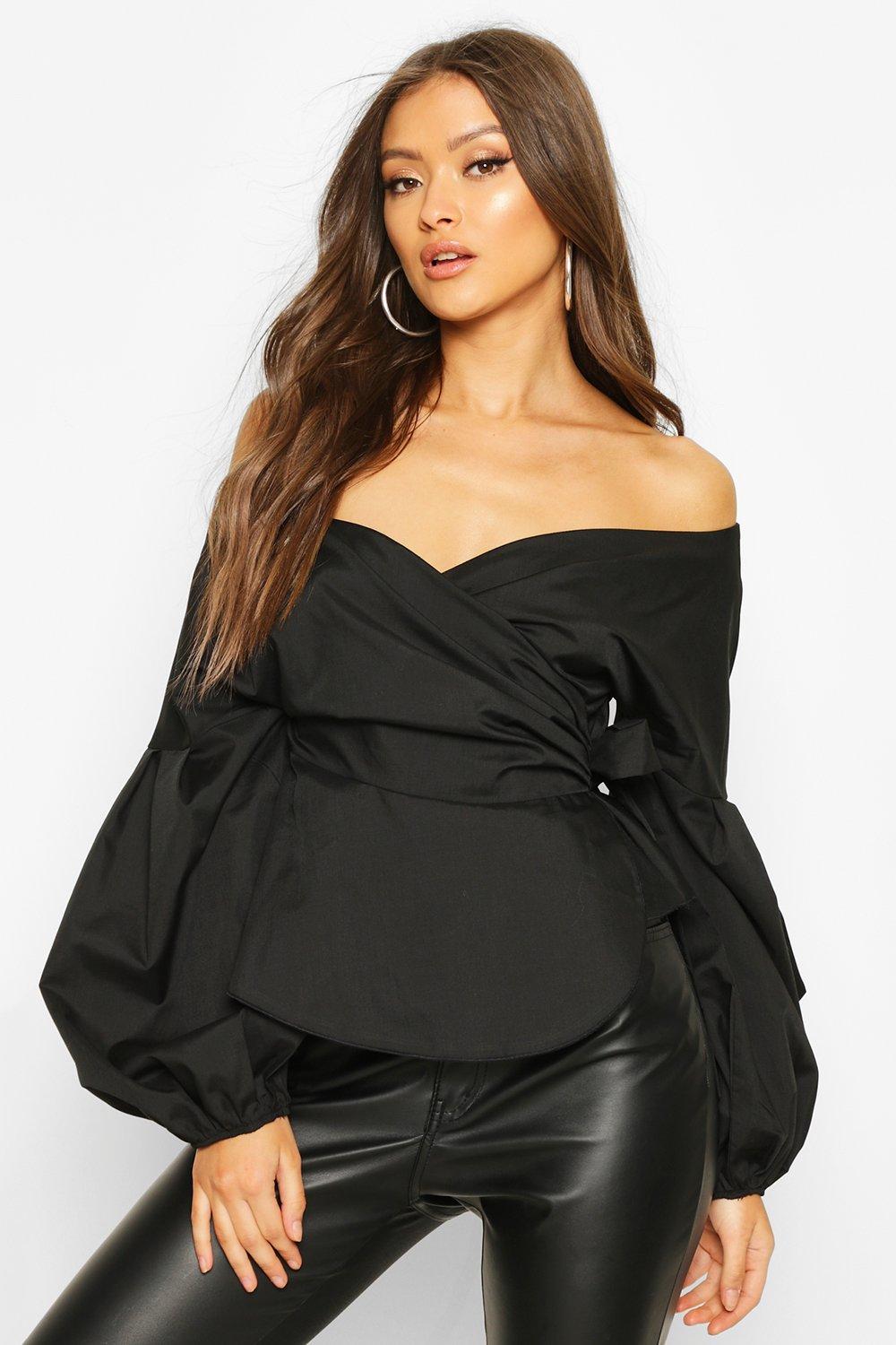 

Off The Shoulder Peplum Wrap Shirt, Black