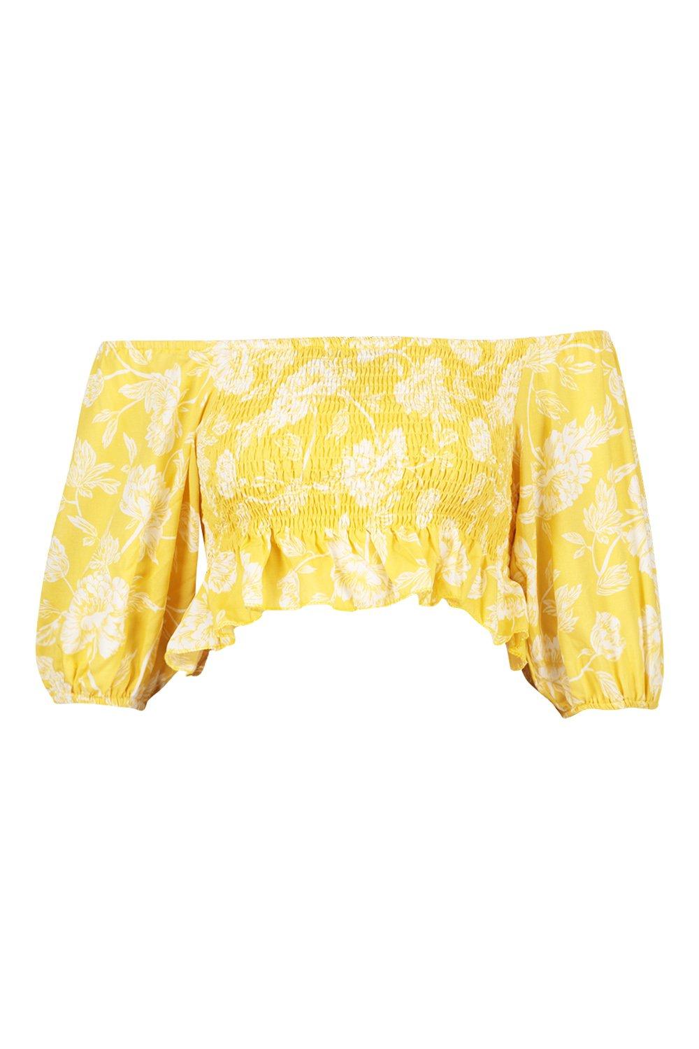 

Floral Bardot Shirred Detail Crop Top, Yellow