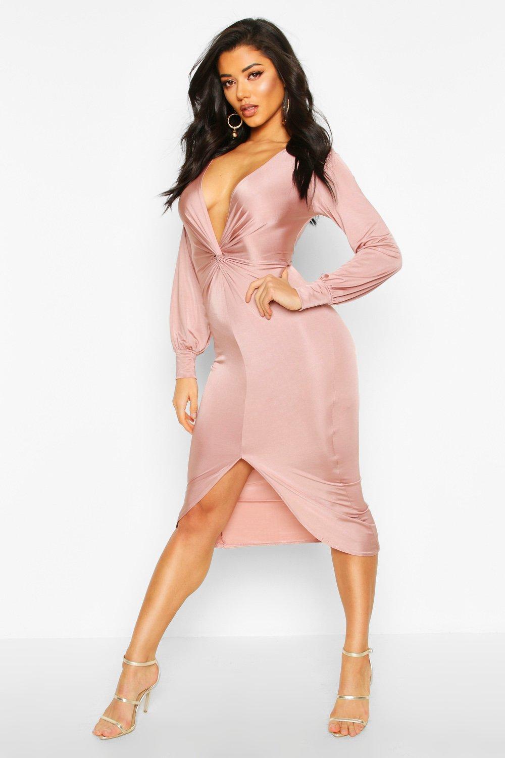 

Twist Front Plunge Slinky Midi Dress, Rose