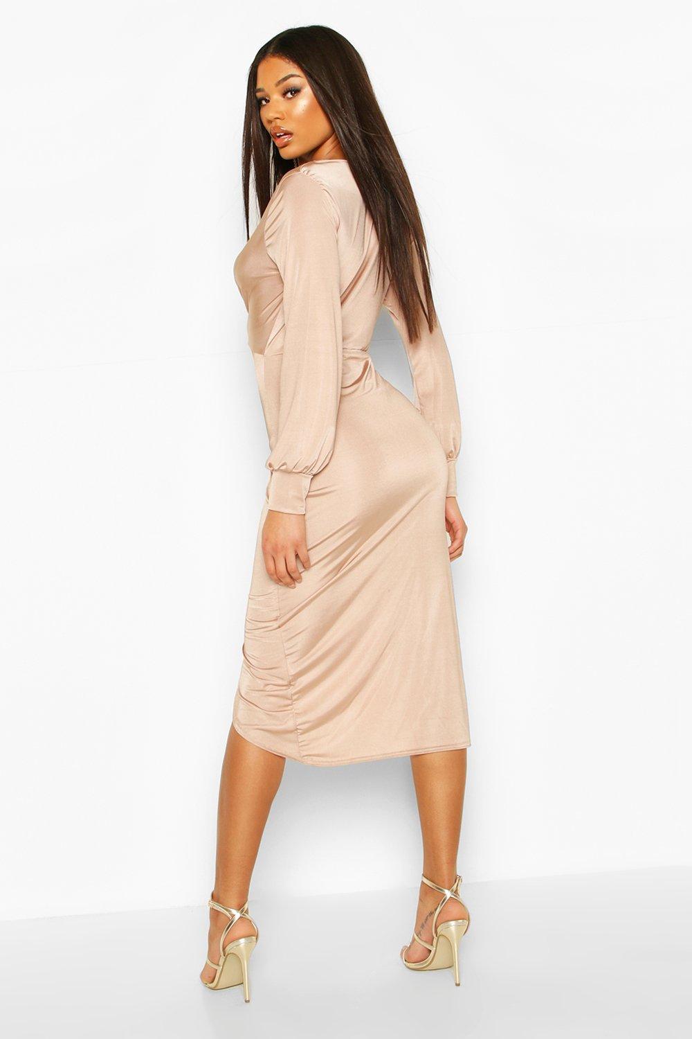 

Twist Front Plunge Slinky Midi Dress, Stone