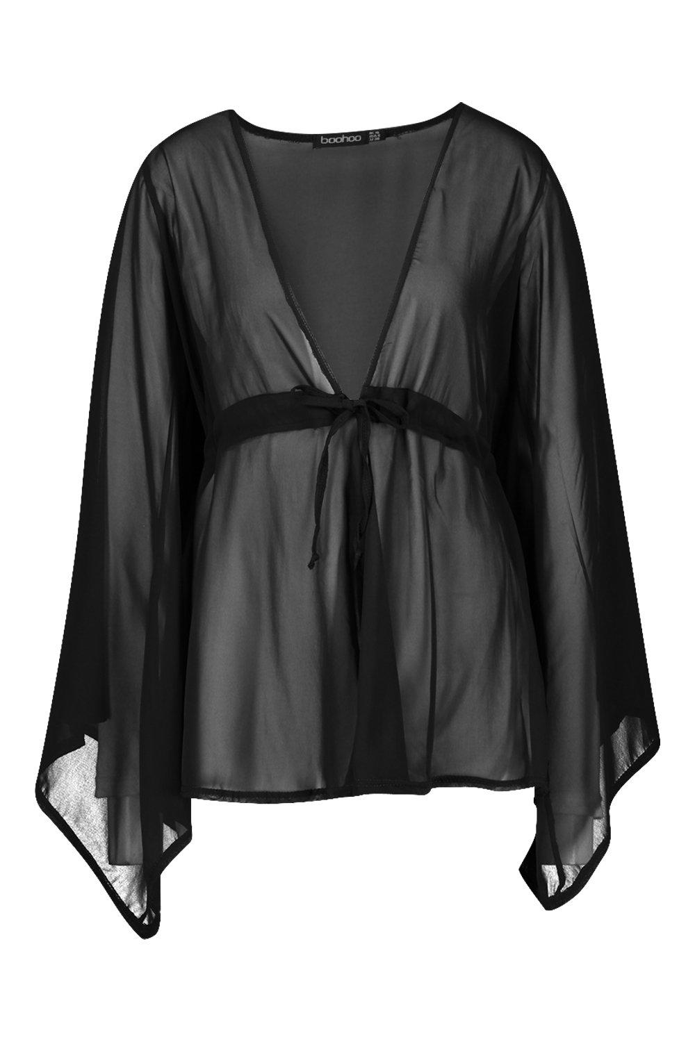 

Chiffon Extreme Flared Sleeve Beach Playsuit, Black