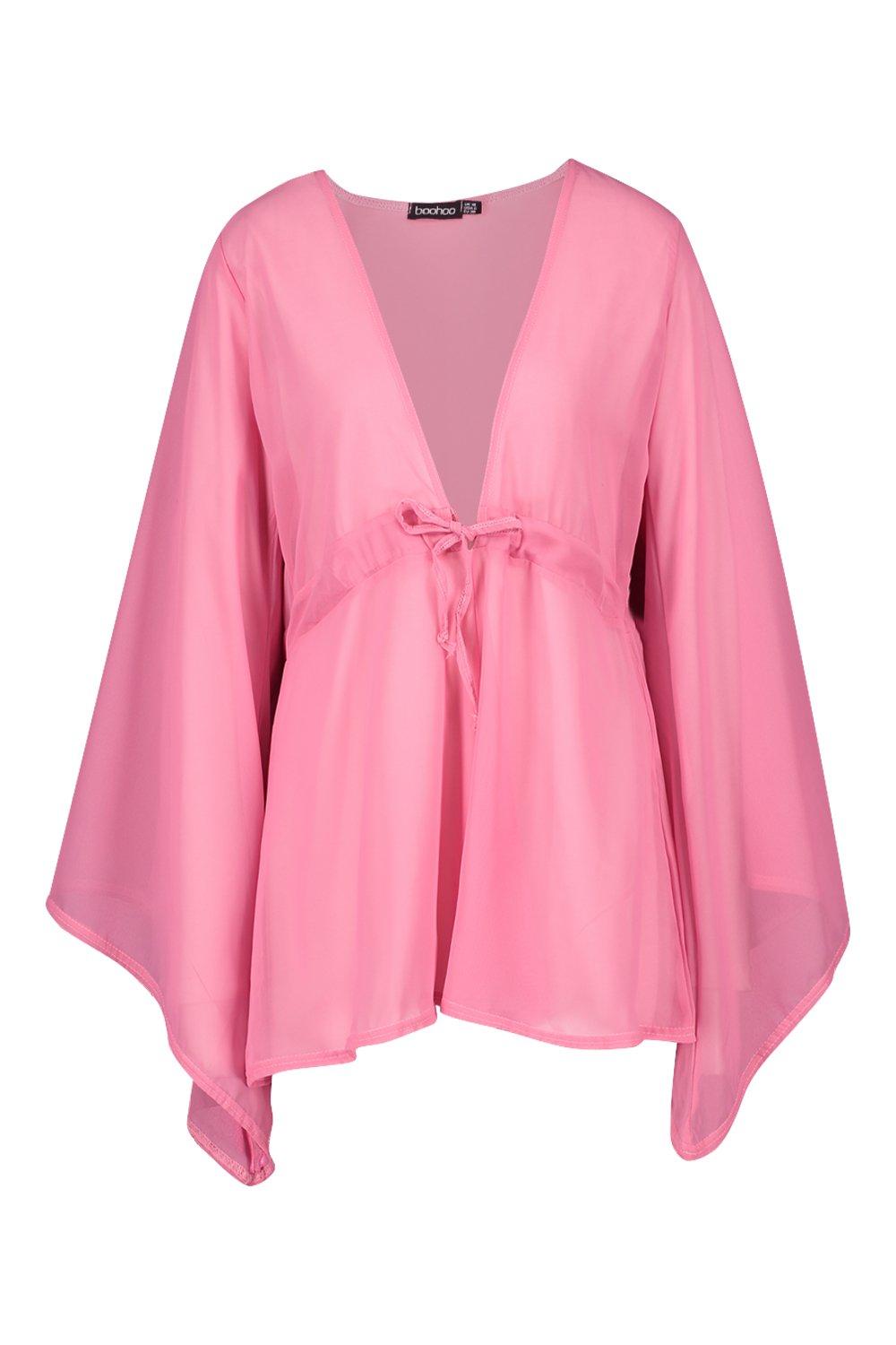 

Chiffon Extreme Flared Sleeve Beach Playsuit, Pink