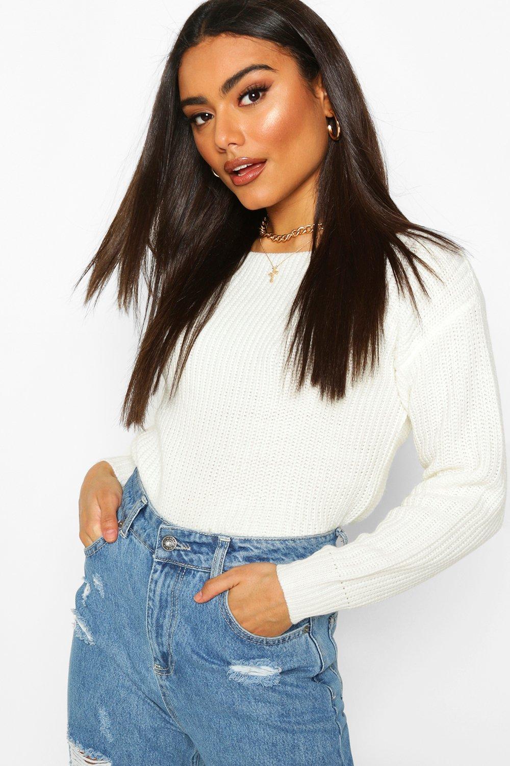 

Slash Neck Crop Fisherman Jumper, Ivory