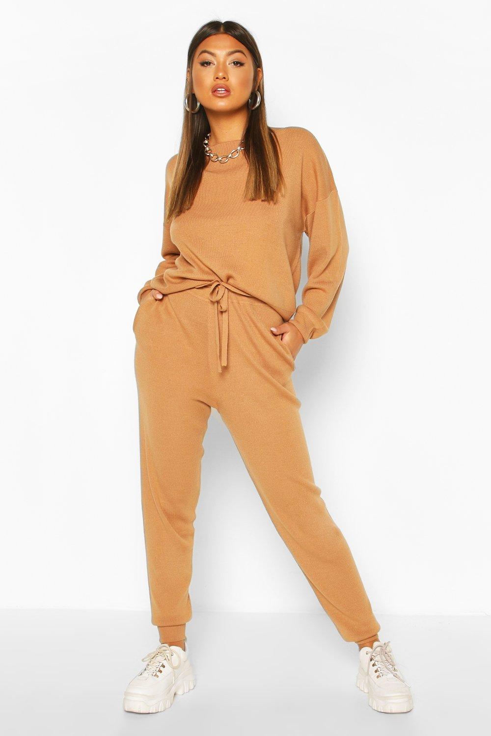 

Slash Neck Knitted Jogger Lounge Set, Toffee