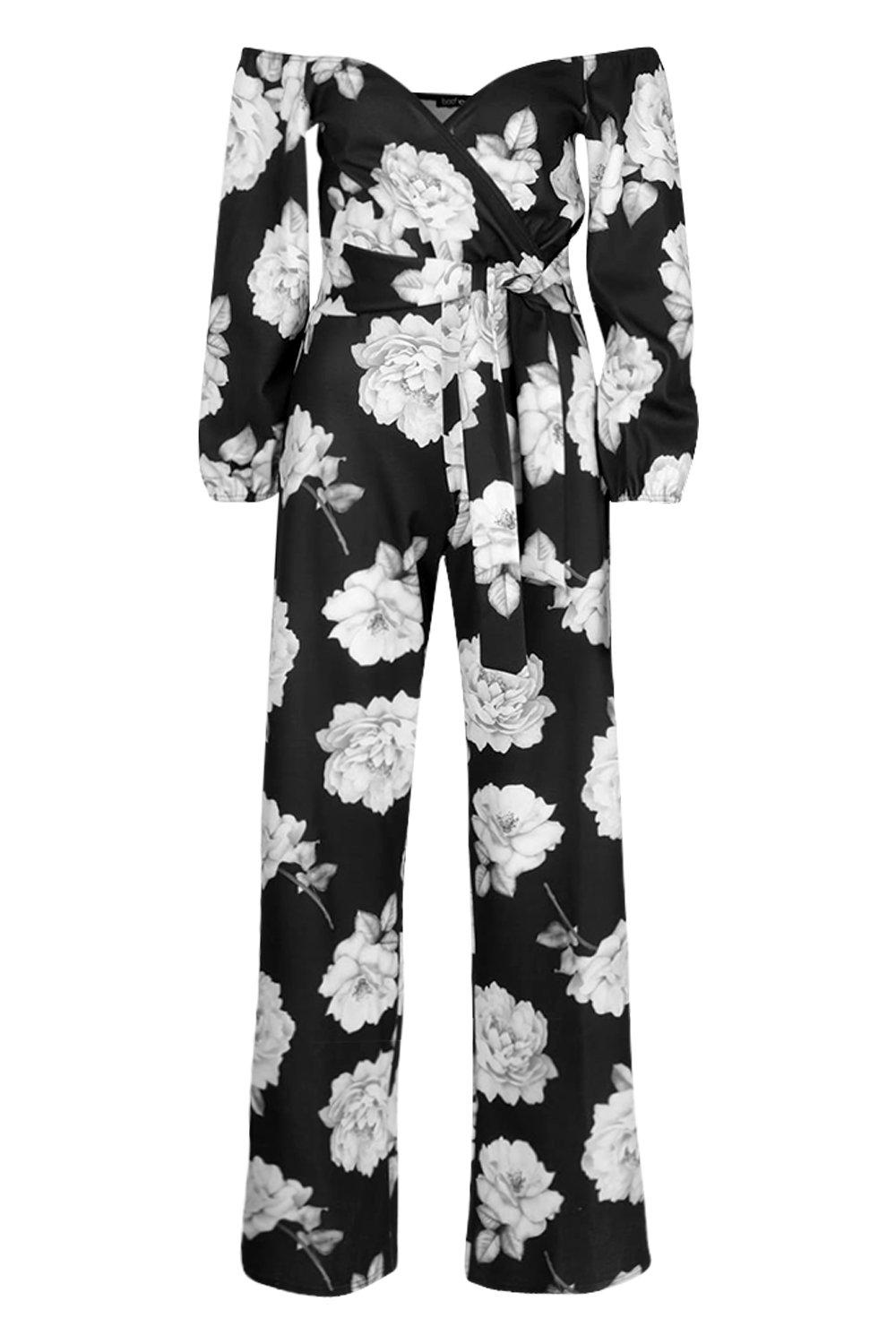 

Off The Shoulder Floral Wide Leg Jumpsuit, Black