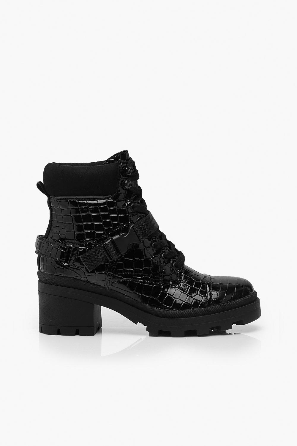 

Croc Buckle Block Heel Hiker Boots, Black