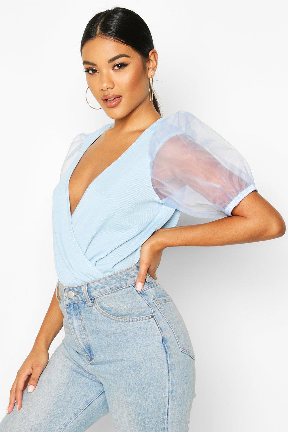 

Organza Puff Sleeve Wrap Front Bodysuit, Light blue