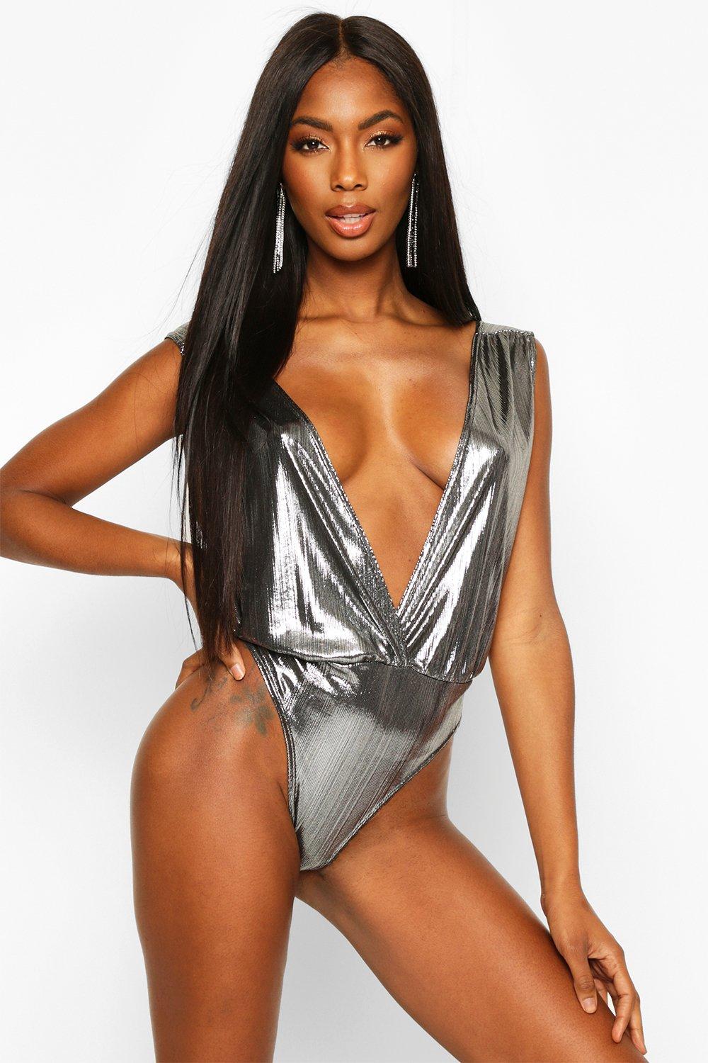 

Metallic Plunge Neck Bodysuit, Silver