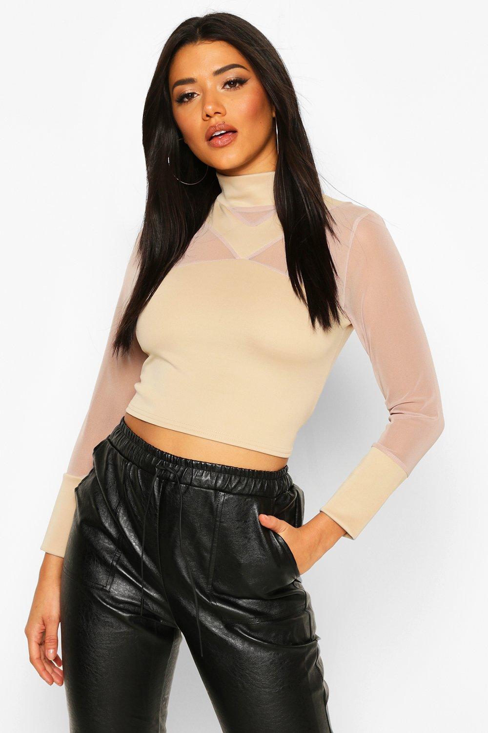

Cross Front Mesh Long Sleeve Crop Top, Stone