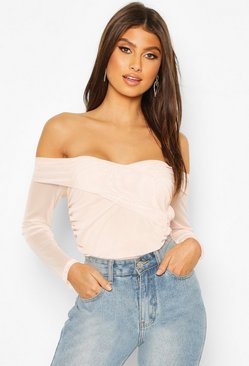 Blu E Bianco Gessato Off spalla Bardot Ritagliata Maglia Top Con Cintura Wrap