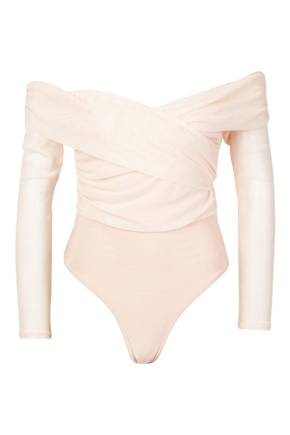 

Ruched Mesh Off The Shoulder Wrap Bodysuit, Blush