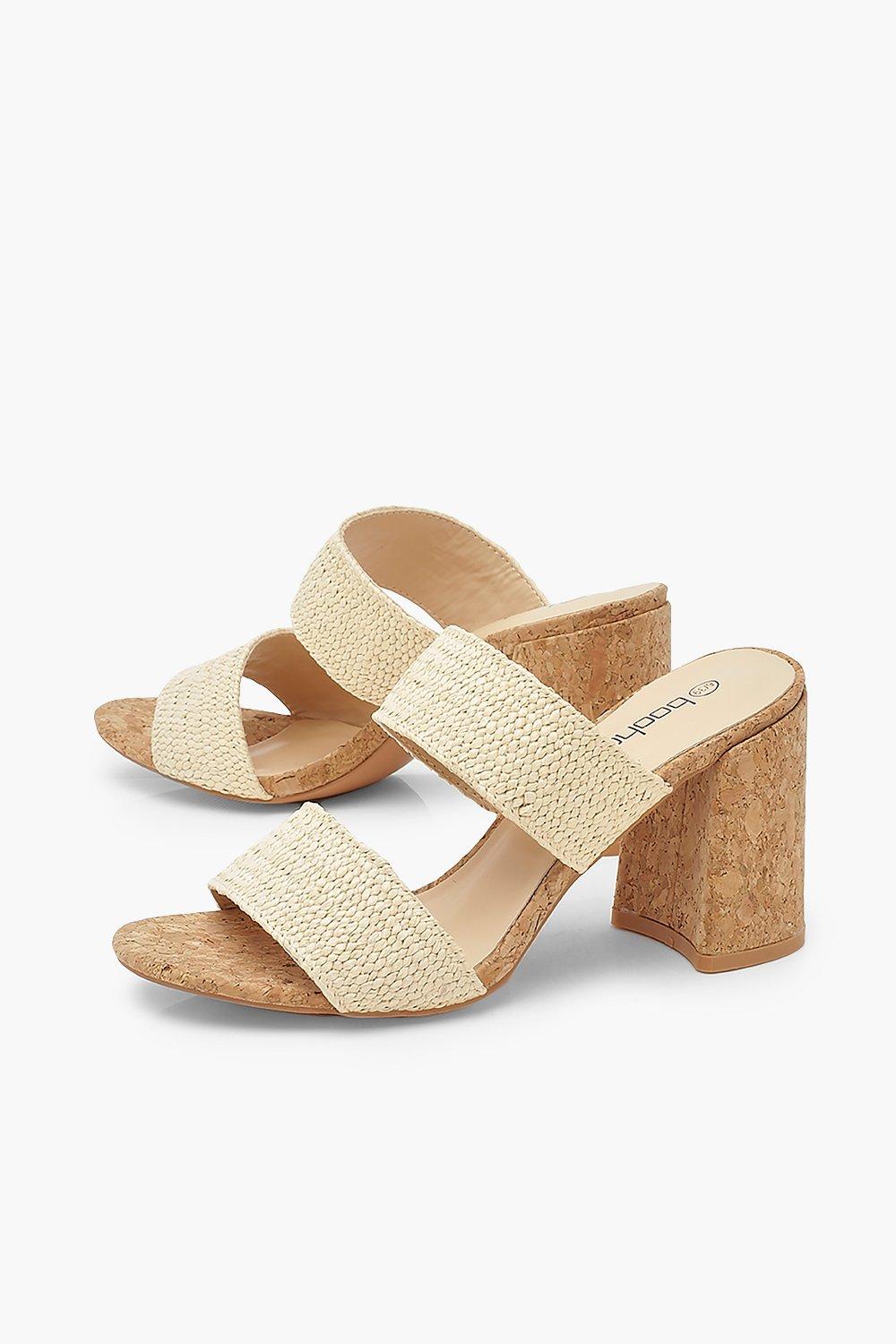 

Double Strap Cork Block Heel Mules, Beige