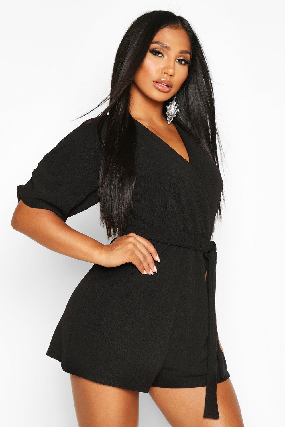 

Ruched Shoulder Tie Waist Playsuit, Black