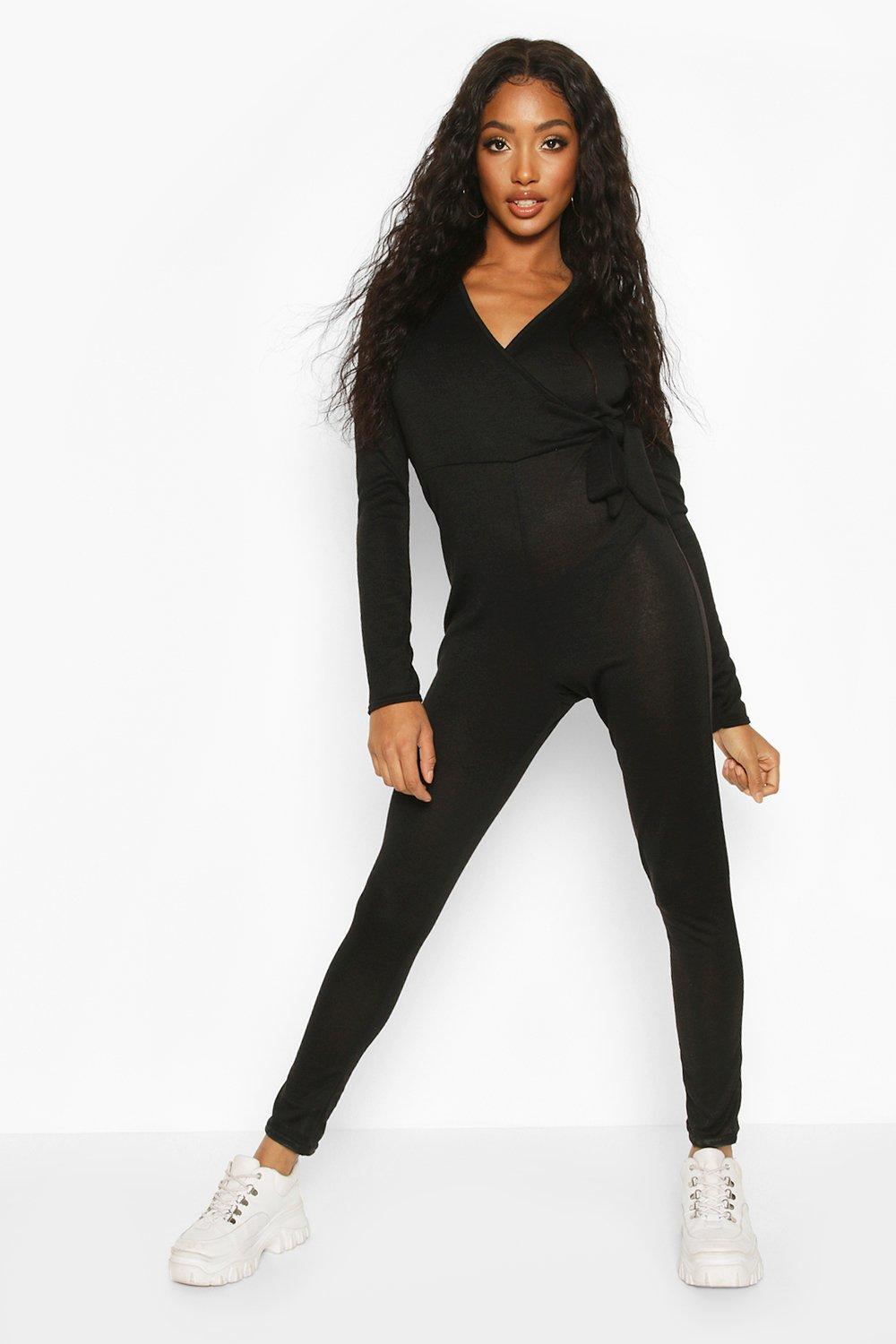 

Loopback Wrap Tie Casual Jumpsuit, Black