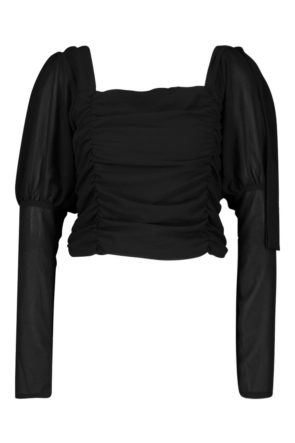 

Mesh Ruched Tie Shoulder Top, Black