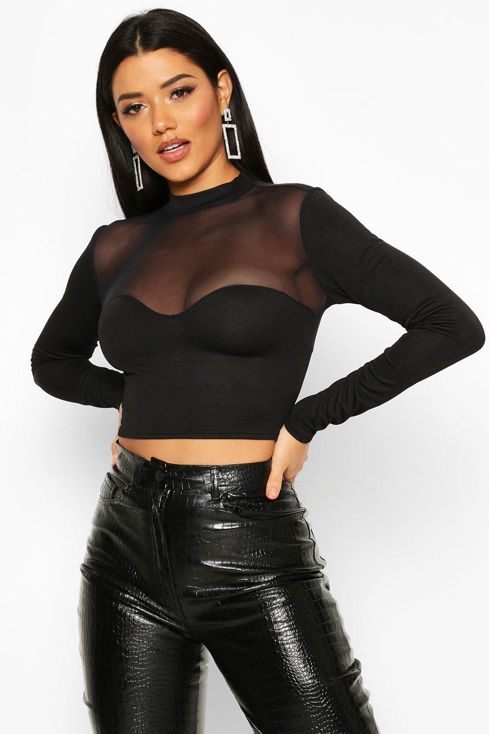 

Mesh Bodice Long Sleeve Crop Top, Black