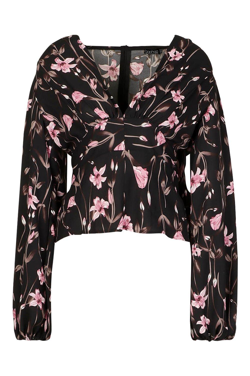 

Woven Floral Oversized Sleeve Blouse, Black