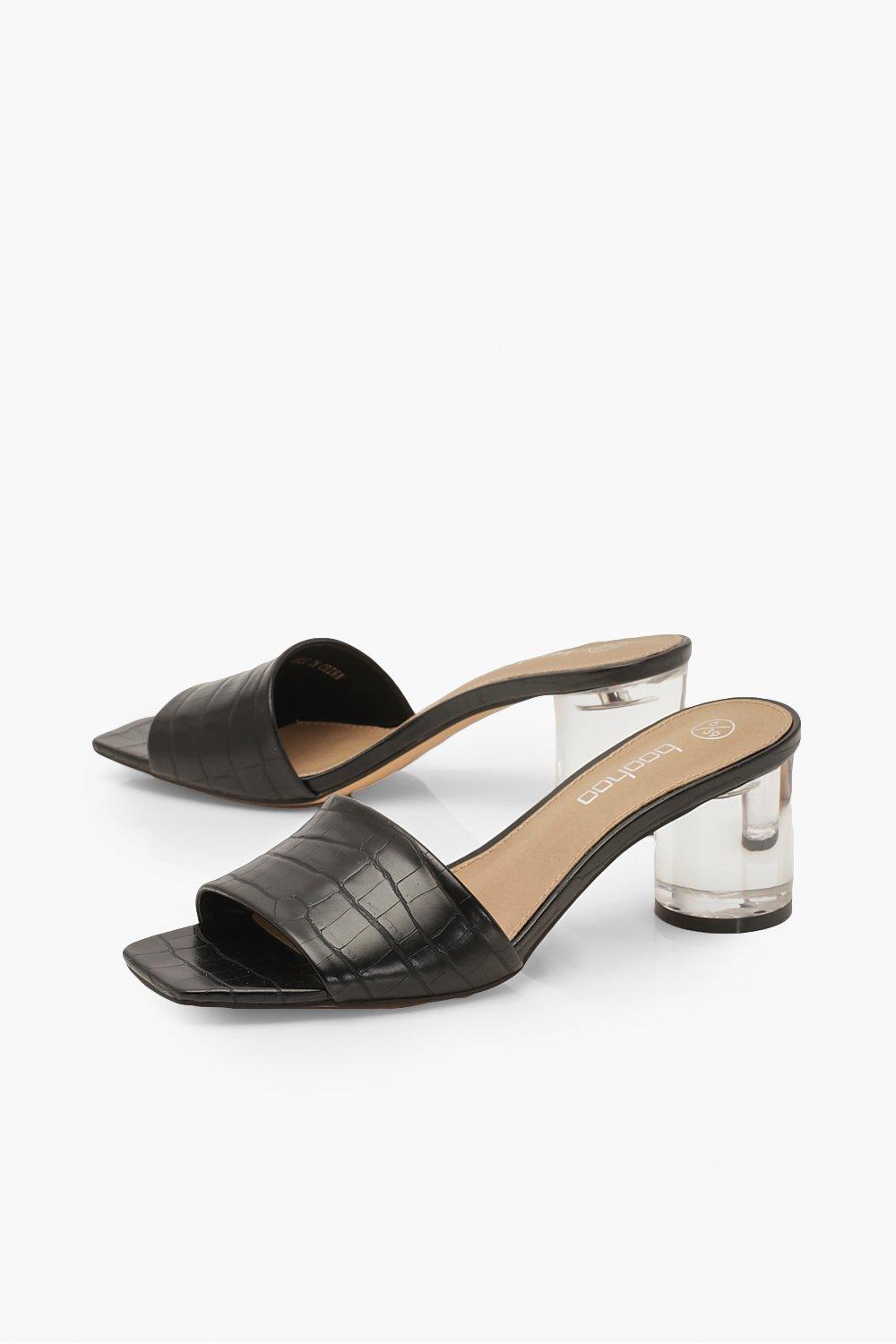 

Clear Heel Square Toe Mules, Black