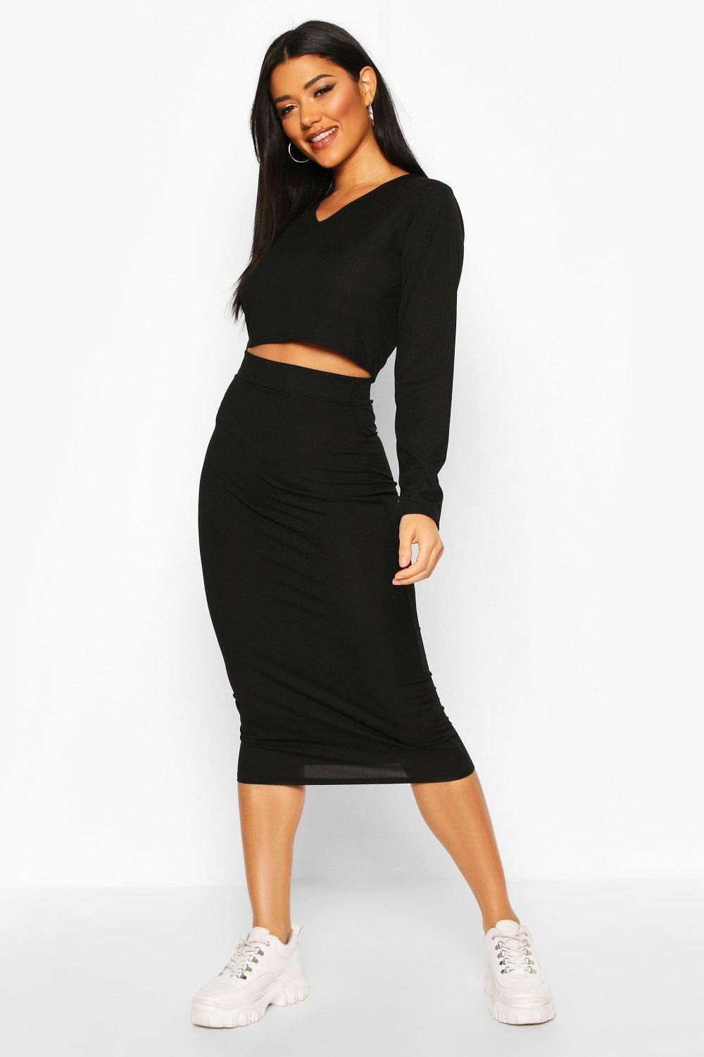 

Rib Long Sleeve Top And Midi Skirt Co-ord, Black