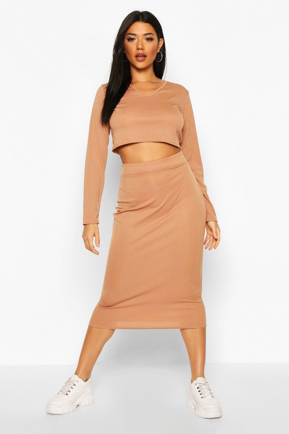 

Rib Long Sleeve Top And Midi Skirt Co-ord, Camel