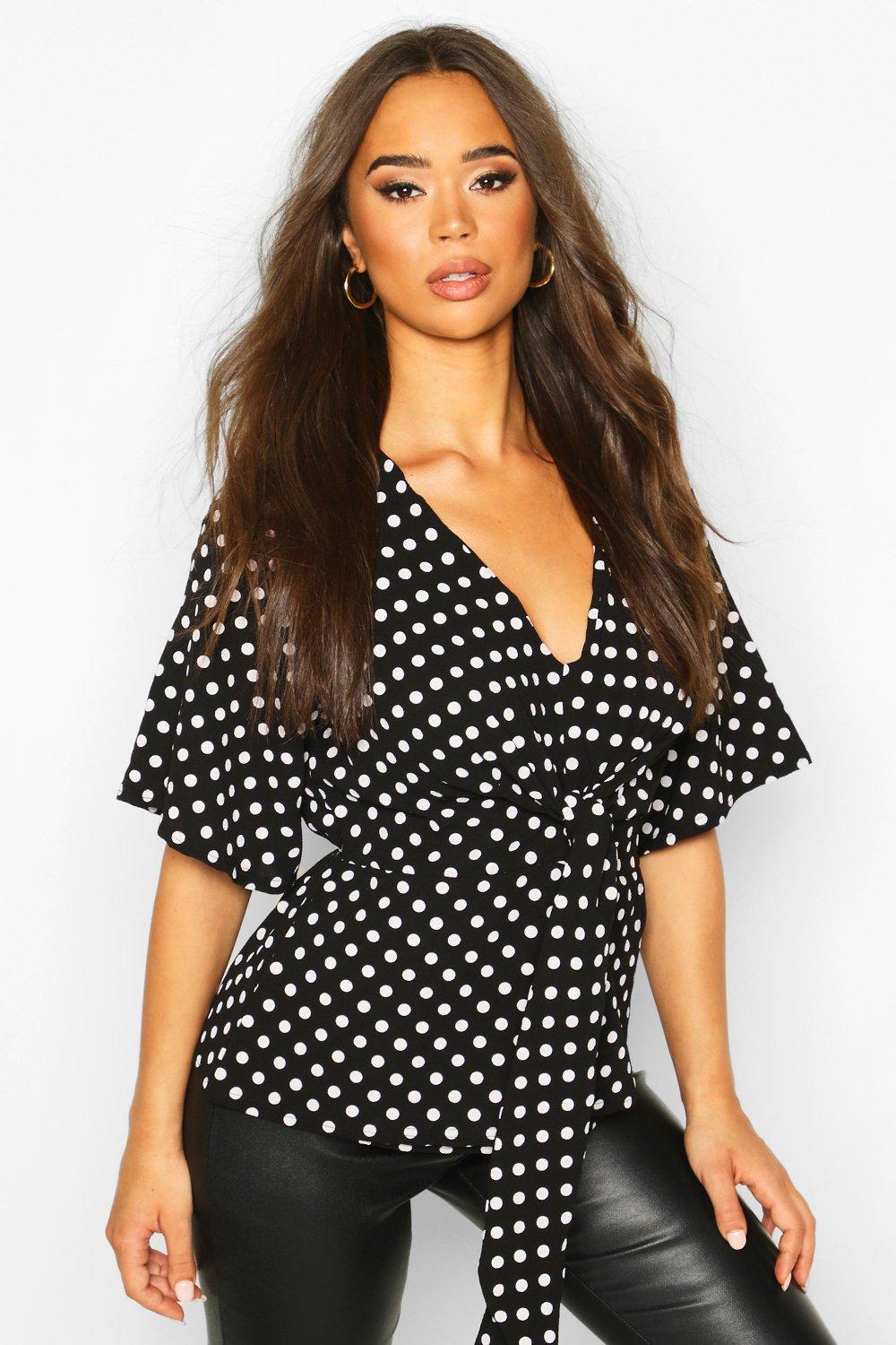 

Knot Front Woven Polka Dot Blouse, Black