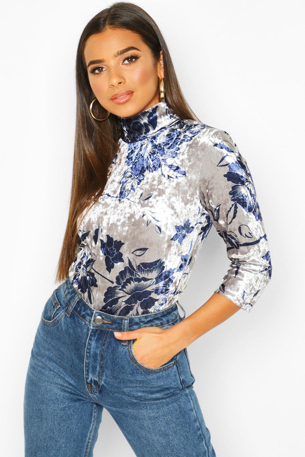 

Luxury Printed Velour Turtle Neck Top, Silver