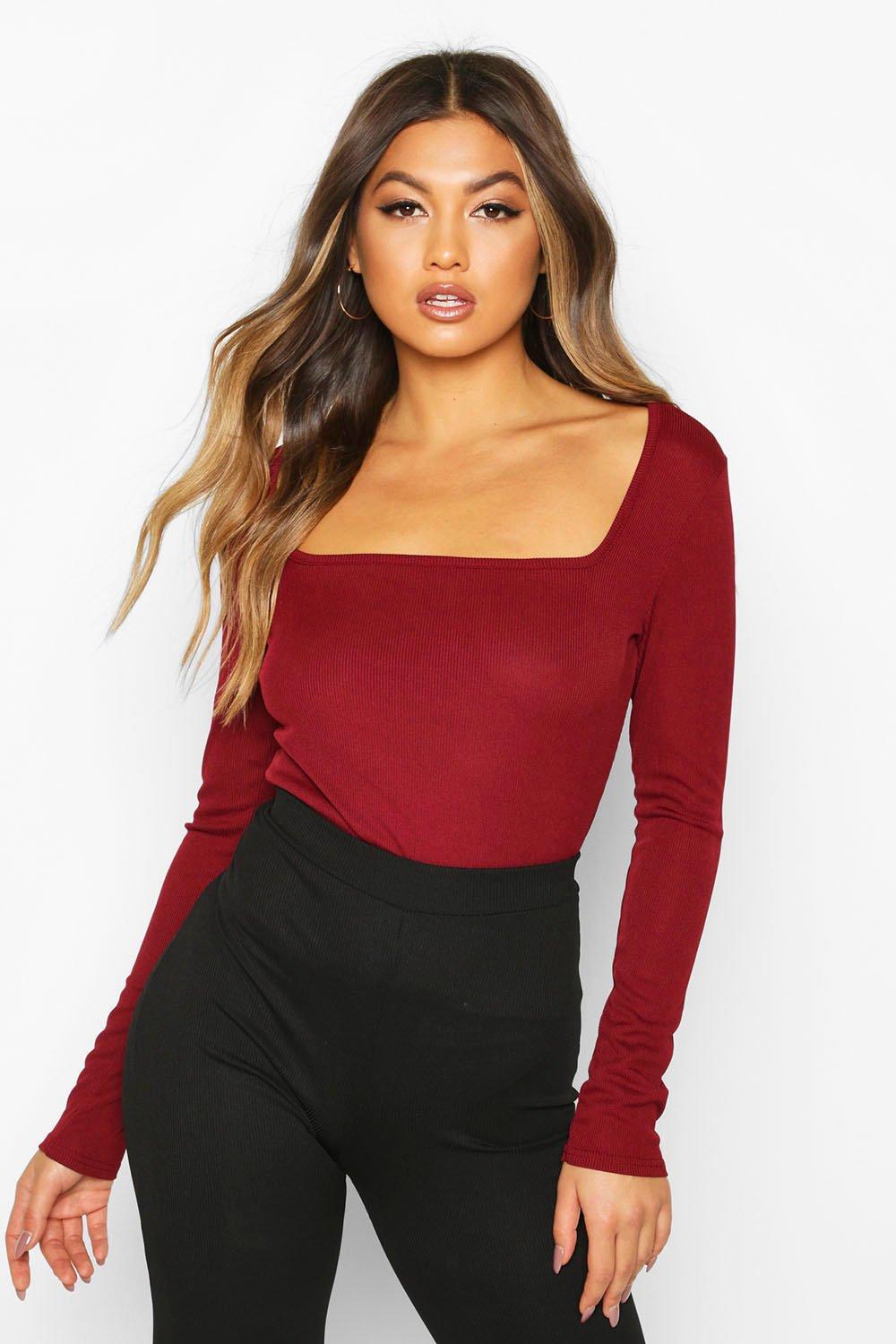 

Square Neck Long Sleeve Top, Berry