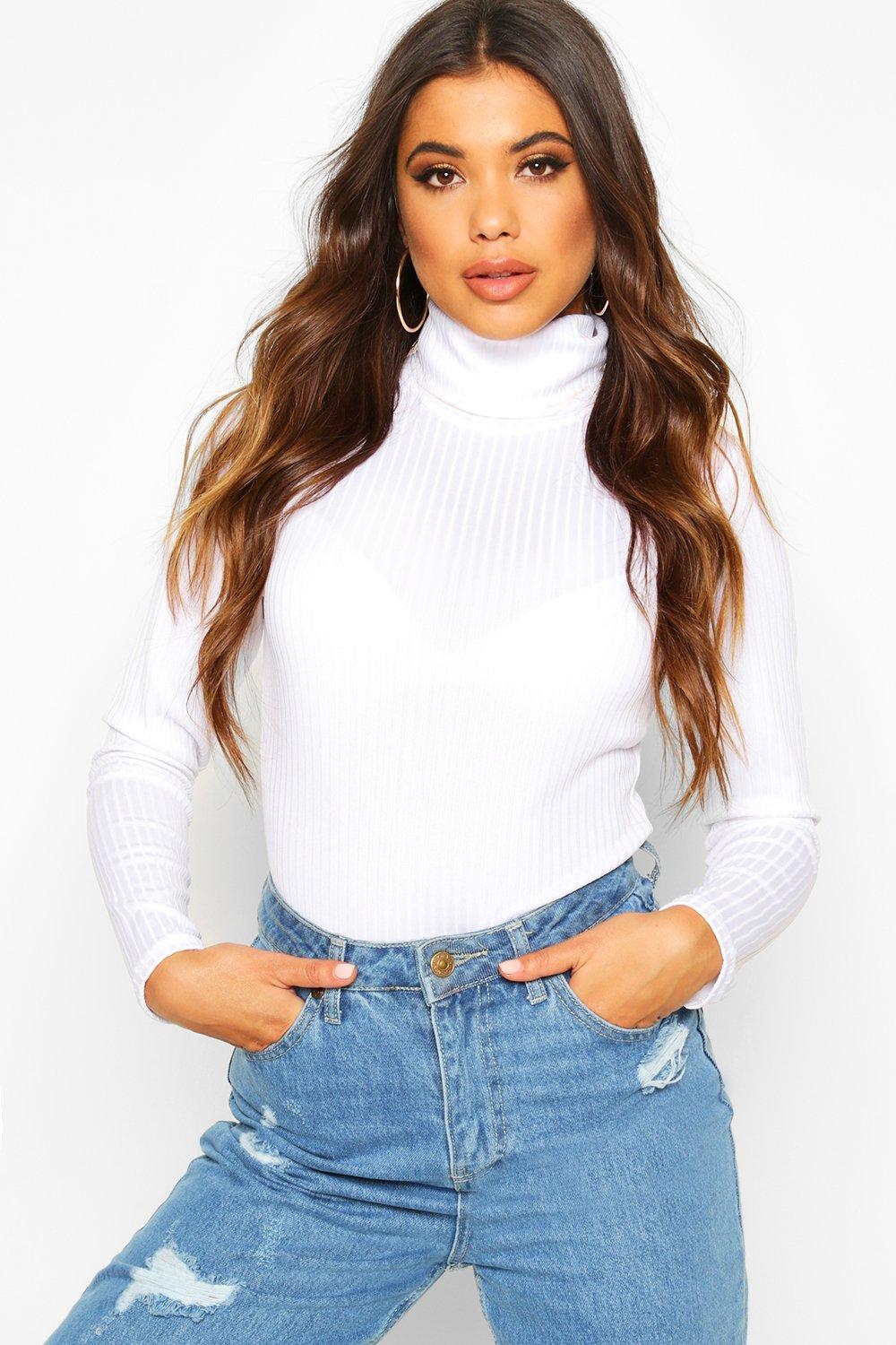 

Jumbo Rib Roll Neck Bodysuit, White