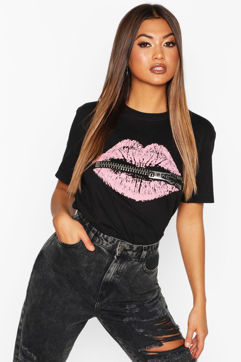 

Lip Zip Print Slogan T-Shirt, Black