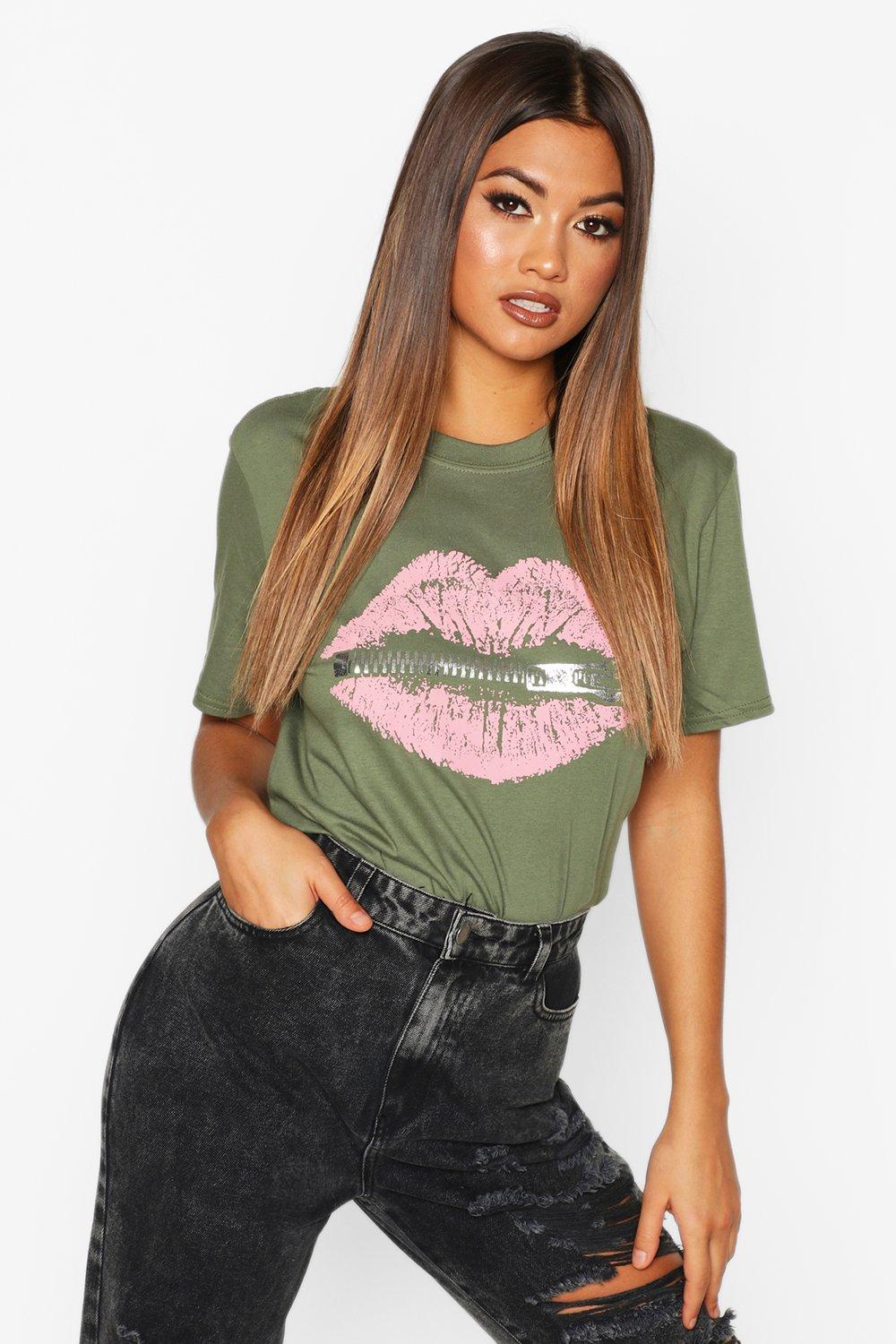 

Lip Zip Print Slogan T-Shirt, Khaki