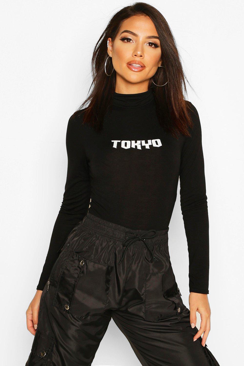 

Tokyo Slogan High Neck Bodysuit, Black
