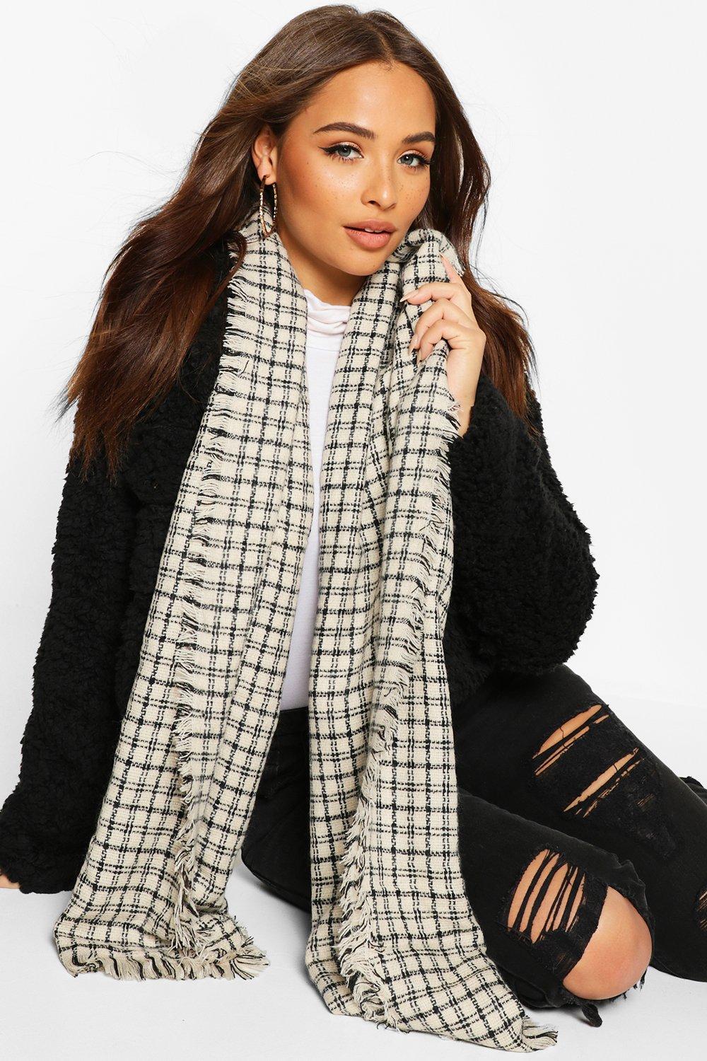 

Oversized Knitted Check Scarf, Cream