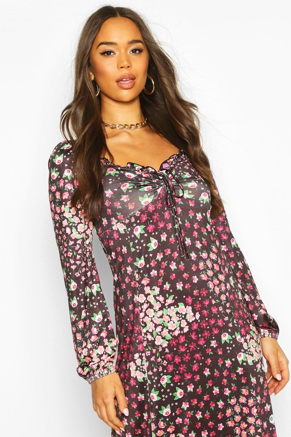 

Mixed Floral Slinky Blouson Sleeve Midaxi Dress, Black