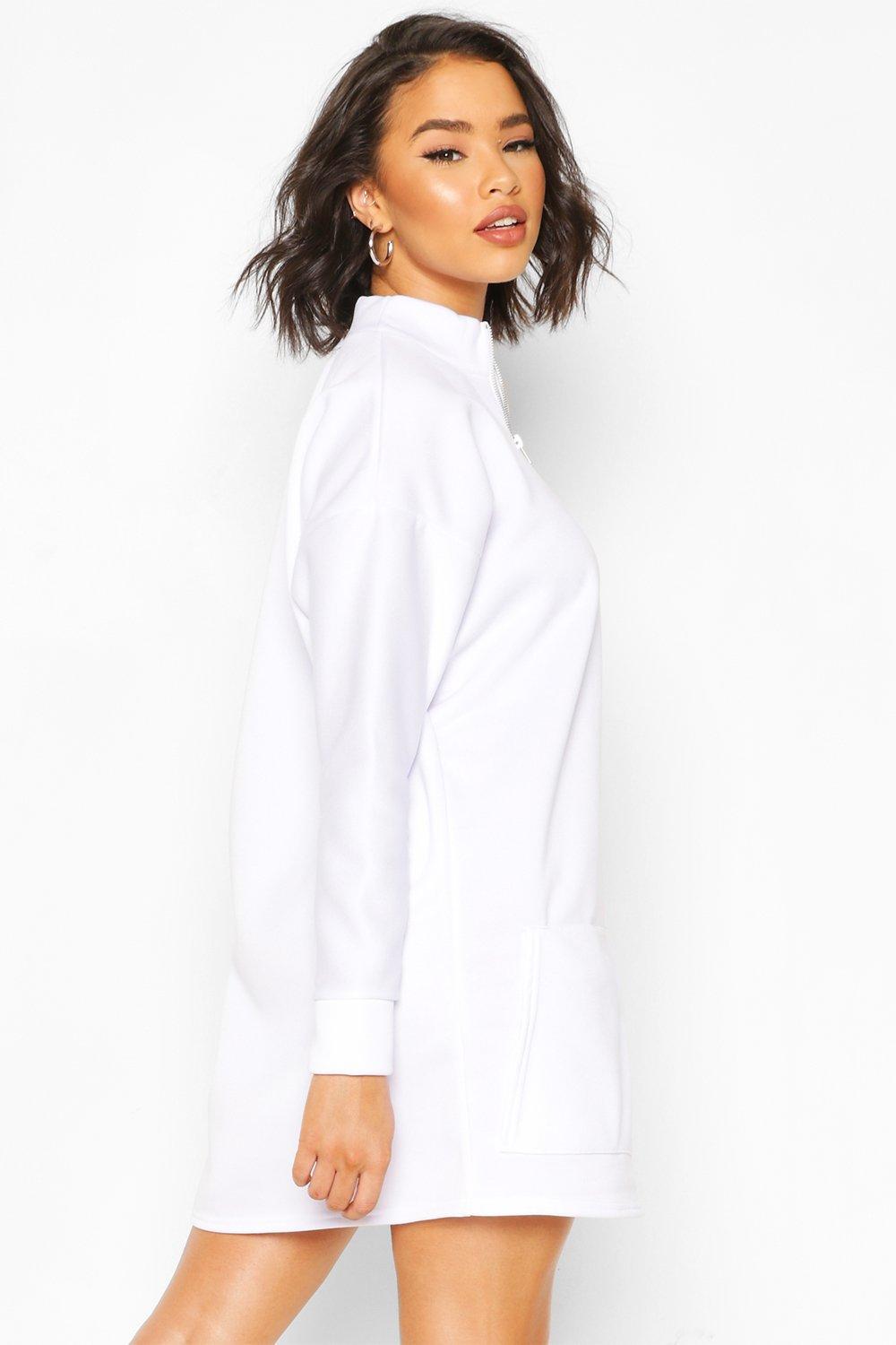 

High Neck Zip Pocket Sweatshirt Dress, White