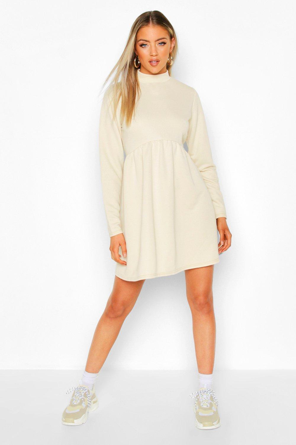 

High Neck Long Sleeve Smock Sweatshirt Dress, Ecru