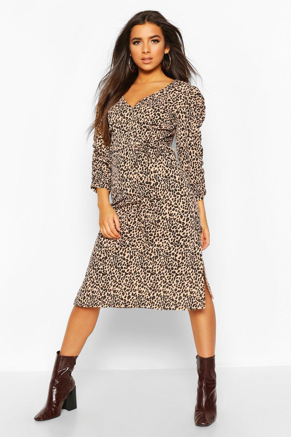 

Leopard Rib Ruched Sleeve Midi Dress, Camel