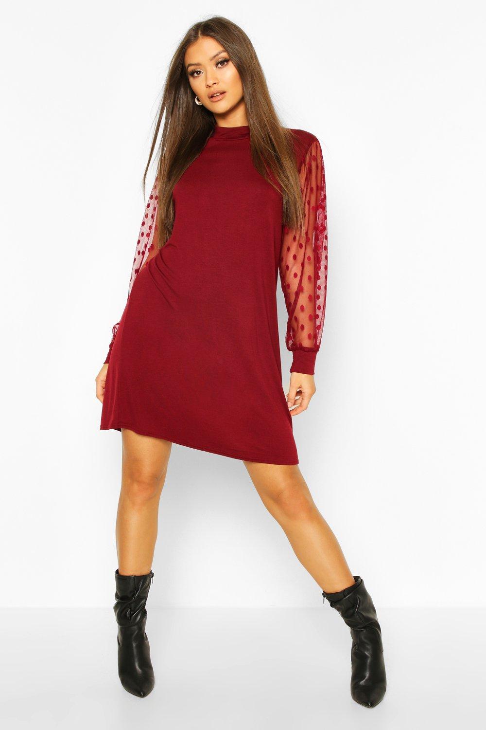 

High Neck Polka Dot Sleeve T-shirt Dress, Wine