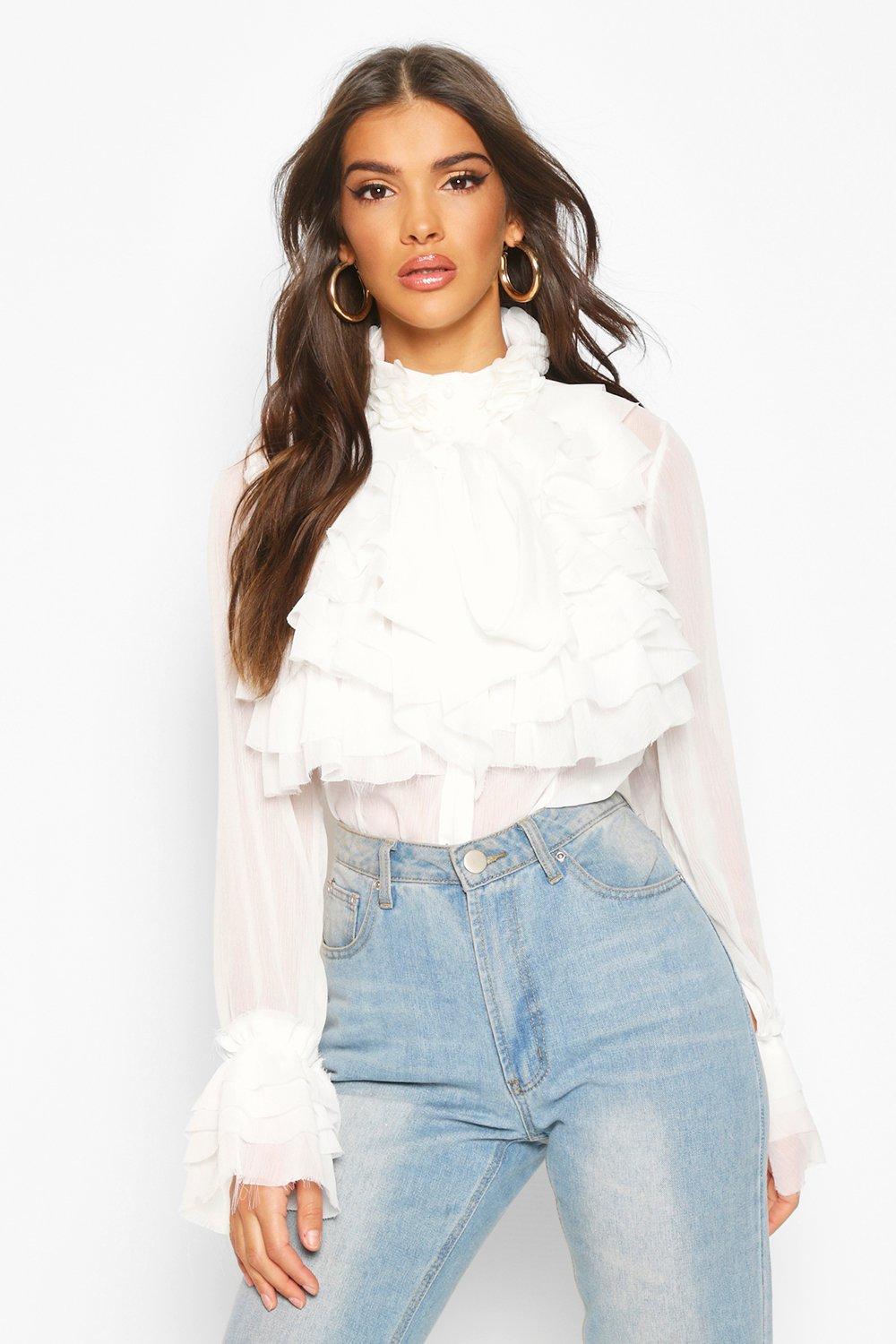 white ruffle blouse boohoo