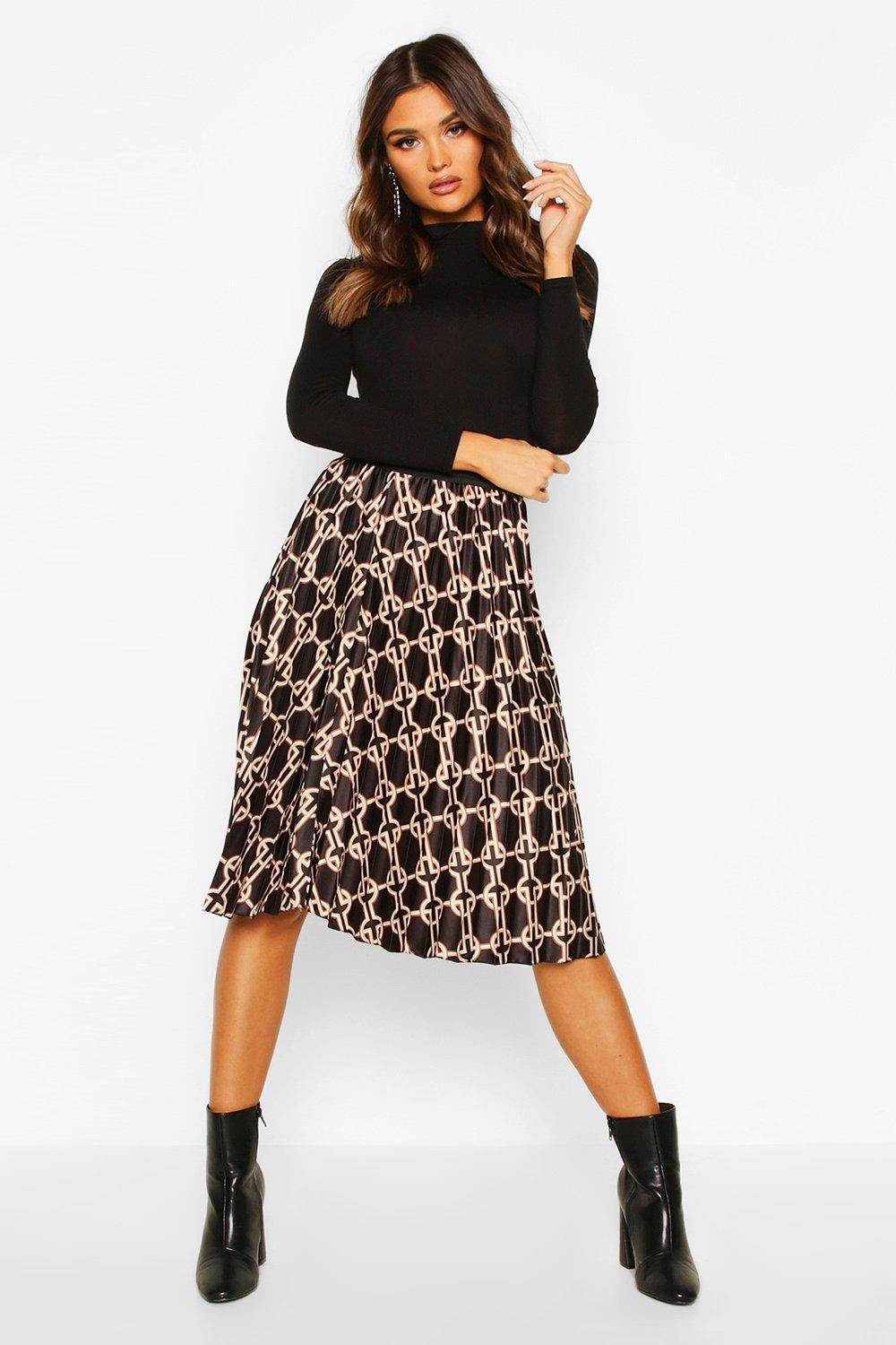 

Geo Satin Pleated Midi Skirt, Black