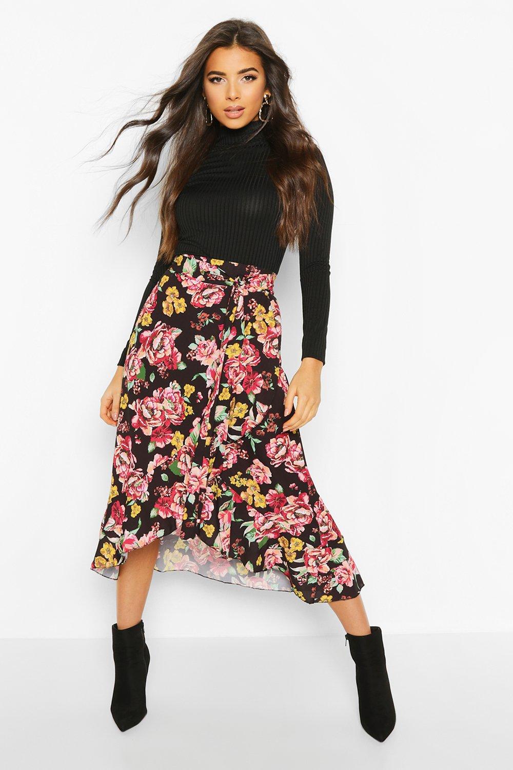 

Floral Wrap Ruffle Hem Midi Skirt, Black