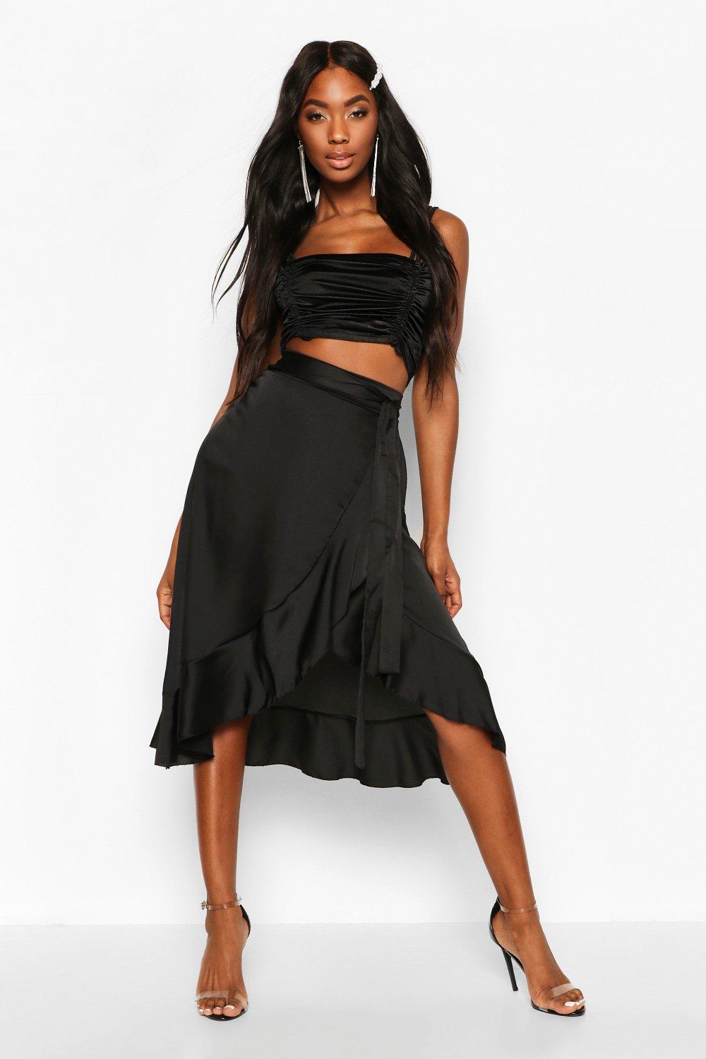 

Satin Wrap Ruffle Hem Midi Skirt, Black