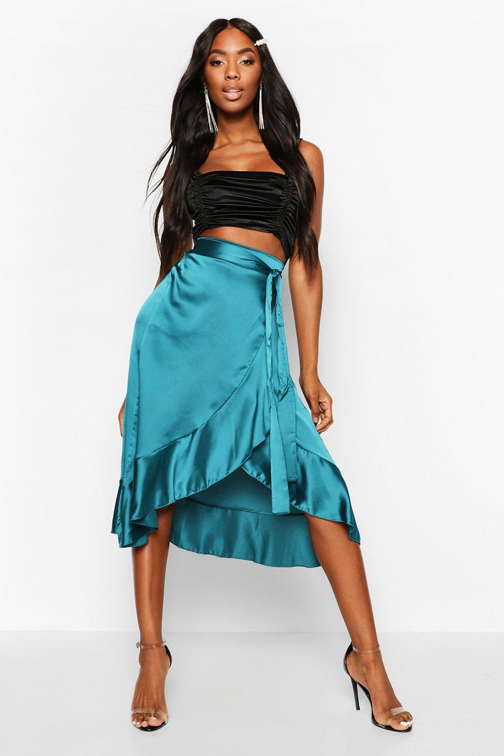 

Satin Wrap Ruffle Hem Midi Skirt, Teal