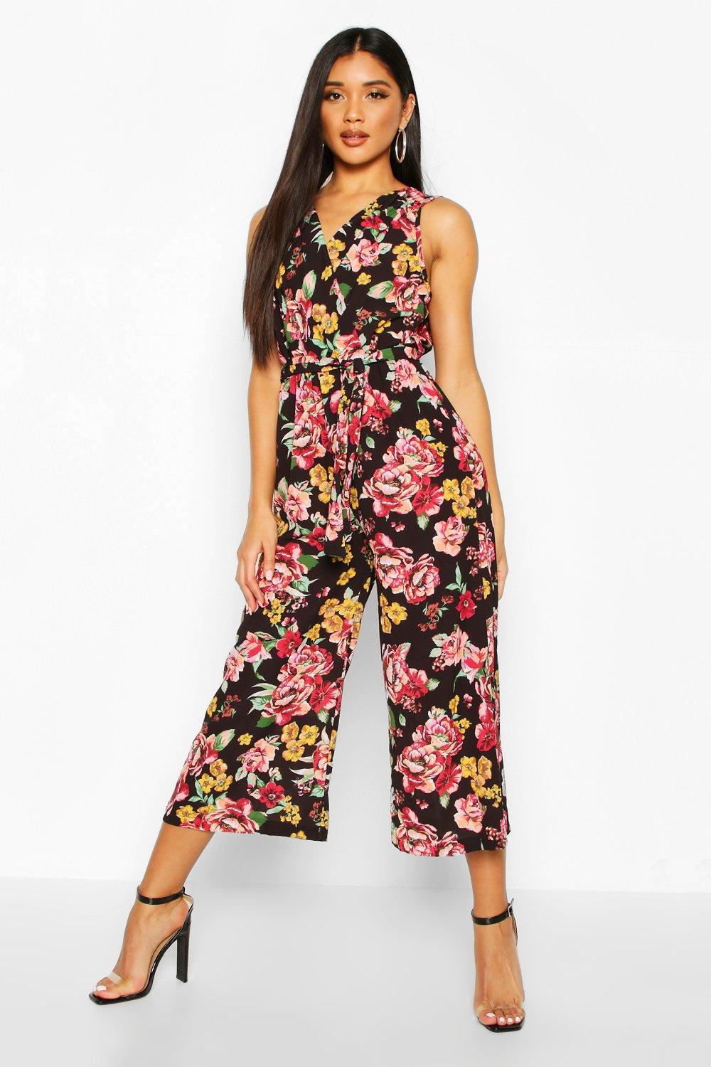

Floral Wrap Front Culotte Jumpsuit, Black